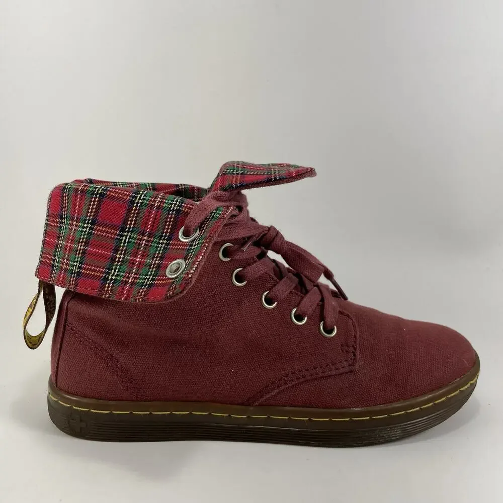 Dr Martens Docs Stratford Canvas Fold Over Boots Womens Size 6 Red Tartan Inlay